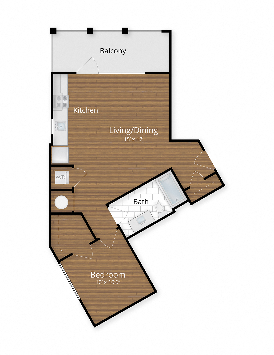 Floor plan for 1 bed, 1 bath, 591 sqft